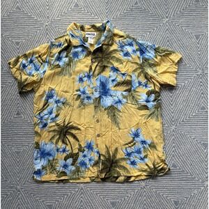 King Size Short Sleeve Rayon Button Hawaiian Shirt - Yellow w/ Blue Flowers - 2X